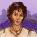 Gabriel cocks his tousled head at the viewer from atop Casmile's rooftops. 