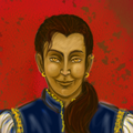 A saturnine man with the golden eyes of a fox, a sallow complexion, and thick dark hair pulled back into a ponytail both lush and ruthless. He is wearing a gold-edged velvet tunic, small gold earrings, and a wide, thin-lipped smirk.